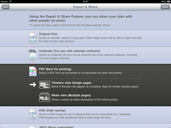 Picture of Begin’s new Export & Share dialog