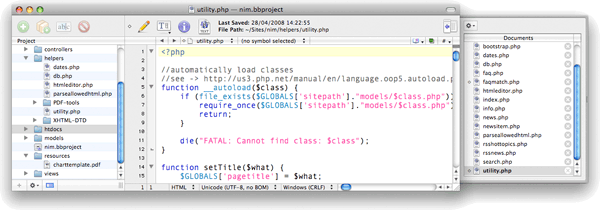 Picture of BBEdit's default window layout for projects
